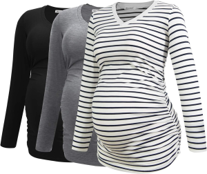 Smallshow Women'S V-Neck Maternity Shirt Clothes Long Sleeve Ruched Pregnancy Top